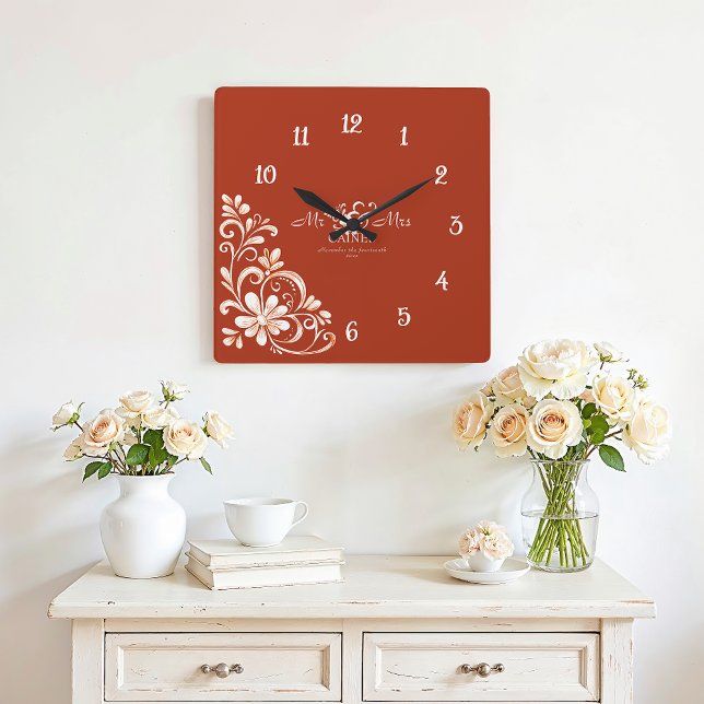 Relógio Quadrado Romântico Vermelho Sr. e Sra. Wedding Wall Clock (Criador carregado)