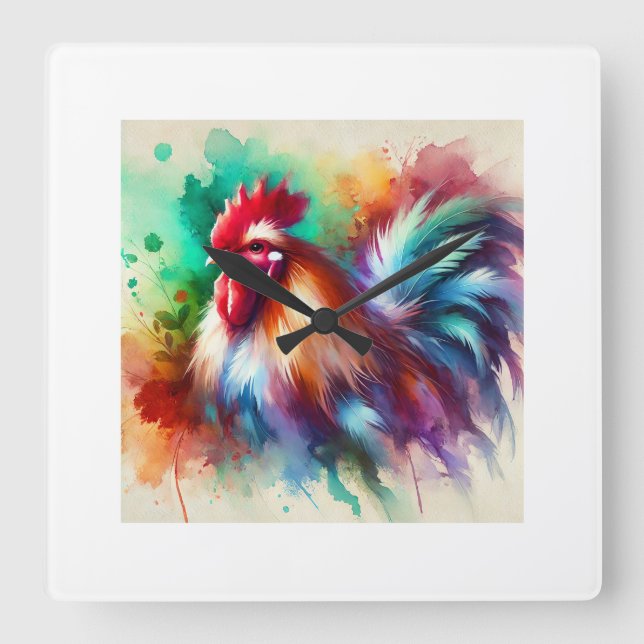 Relógio Quadrado Rooster in Watercolor Art 170724AREF138 - Watercol (Frente)