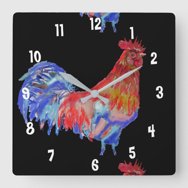 Relógio Quadrado Rooster Watercolor Chicken Man's Office Clock (Frente)