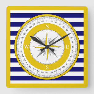 Relógio Quadrado Rosa Azul-Compass Amarelo e Stripe Branca