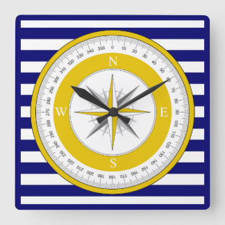 Relógio Quadrado Rosa Azul-Compass Amarelo e Stripe Branca
