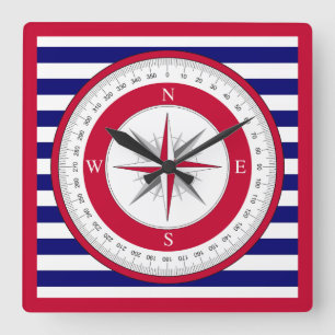 Relógio Quadrado Rosa Azul-Compass-Vermelho e Stripe Branca