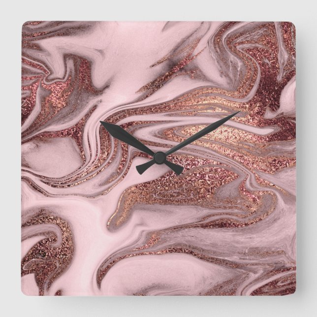 Relógio Quadrado Rosa de cobre moderno elegante e aparência de márm (Frente)