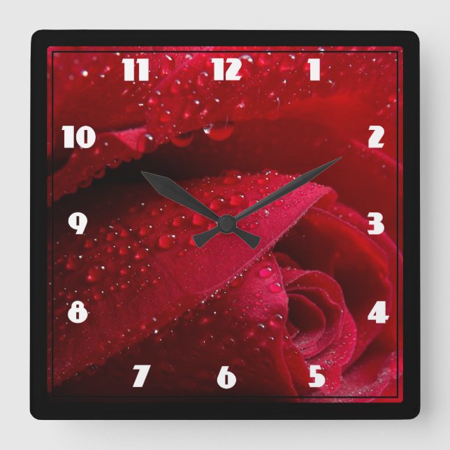 Relógio Quadrado Rosa de Macro Vermelho com Gotas de Água (Frente)