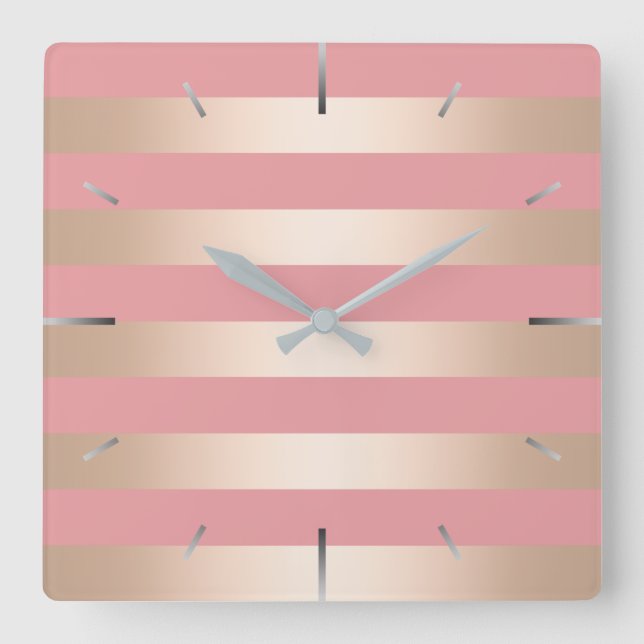 Relógio Quadrado Rosa de ouro Elegante, pintinho, listrado (Frente)