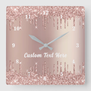 Relógio Quadrado Rosa Dourado Blush Glitter Drives Text Name Wall C