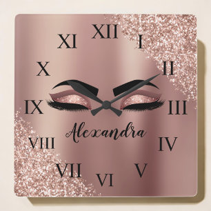 Relógio Quadrado Rosa Dourado Monograma cor-de-rosa com brilho nos