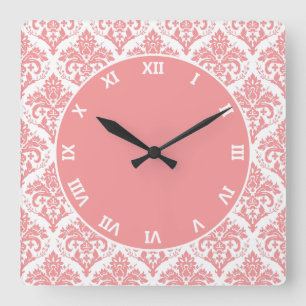 Relógio Quadrado Rosa no Damasco Branco