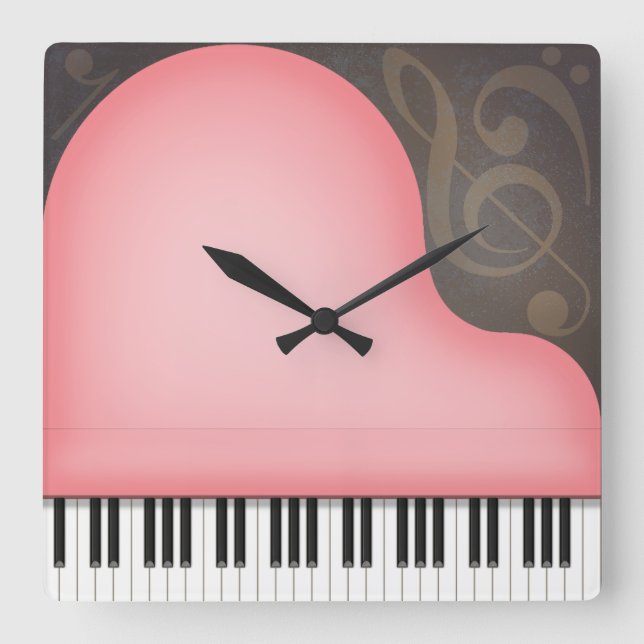 Relógio Quadrado Rosa Pink Piano Whimsical Music Lover (Frente)