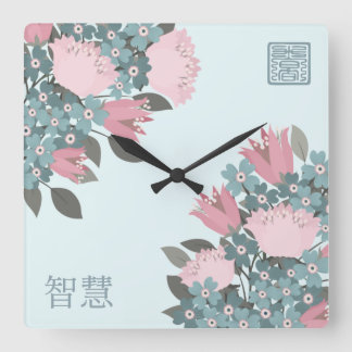 Relógio Quadrado Rosa rosa azul floração flores asiáticas Arte digi