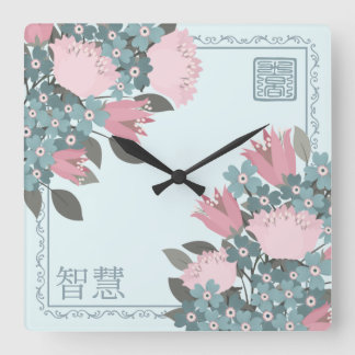 Relógio Quadrado Rosa rosa azul floração flores asiáticas Arte digi