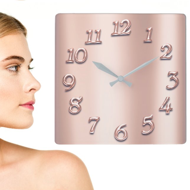Relógio Quadrado Rosa Rosa Rosa Rosa Dourada Metálico Número Árabe  (Pink Rose Gold Metallic Arabic Number Blush Girly Square Wall Clock)