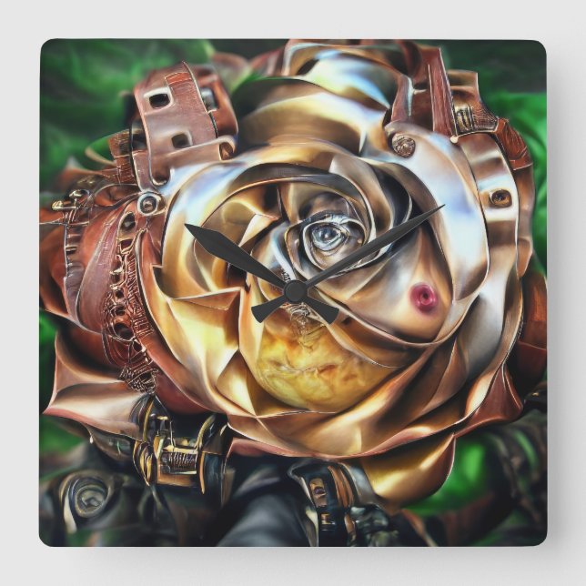 Relógio Quadrado Rosa Steampunk com Face Surreal - Flor Mecânico (Frente)