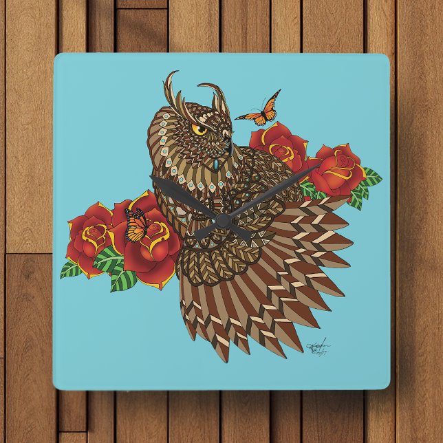 Relógio Quadrado Rosa vermelha Coruja Azul (Criador carregado)