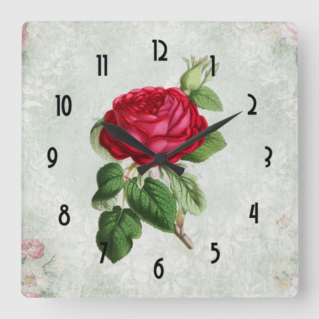 Relógio Quadrado Rosa vermelha do vintage com folha (Frente)