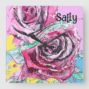 Relógio Quadrado Rosa Vermelha Rosas Aquarela Floral Flores Flor