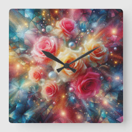 Relógio Quadrado Rosas abstrato Glitter