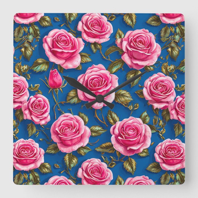 Relógio Quadrado Rosas cor-de-rosa (Frente)