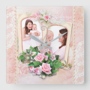 Relógio Quadrado Rosas do Dia das Mães Pearls Vintage Foto Frame