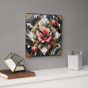 Relógio Quadrado Rosas Elegantes em mármore e fundo Dourado