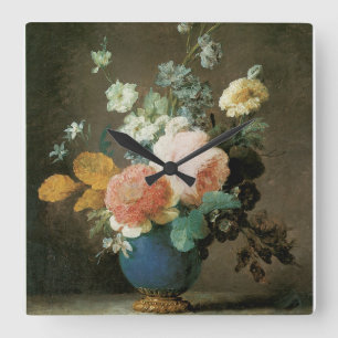 Relógio Quadrado Rosas, Ranunculus e Outras Flores num Vaso Azul