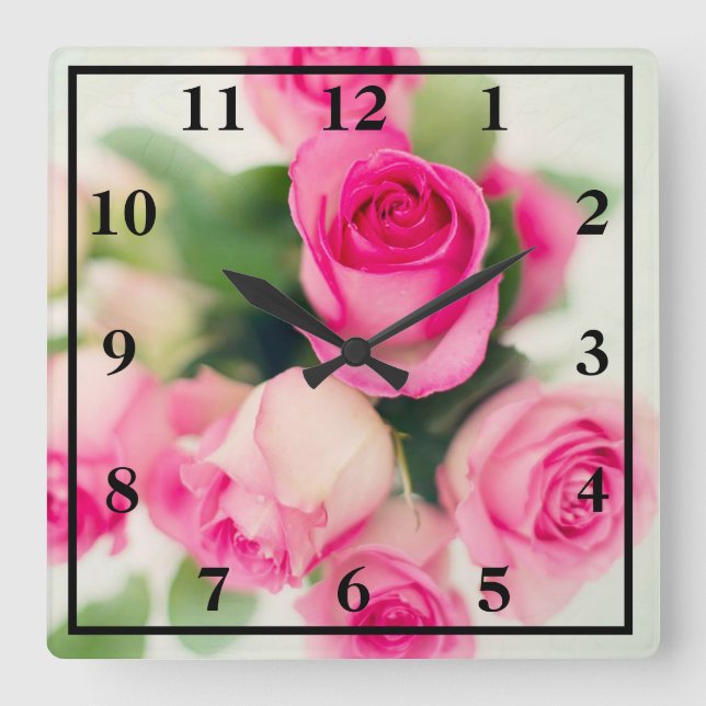 Relógio Quadrado Rosas Rosa (Frente)