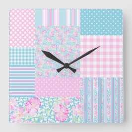 Relógio Quadrado Rosas Rosa, Borboletas Faux Patchwork Clock