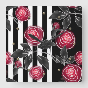 Relógio Quadrado rosas vermelhas abstrato modernas folhas de flores