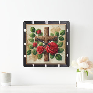 Relógio Quadrado Rosas vermelhas Cruzadas de Madeira