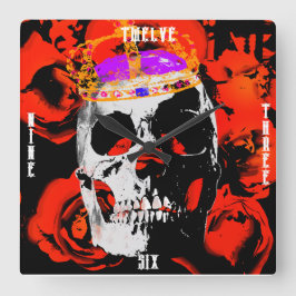 Relógio Quadrado Rosas vermelhas de crânio gótico