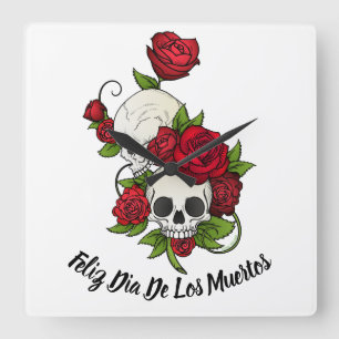 Relógio Quadrado Rosas vermelhas e crânios Feliz Dia dos Mortos