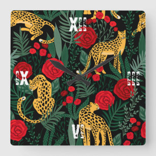 Relógio Quadrado Rosas vermelhas-leopardo Safari Verde Folhas