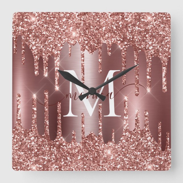 Relógio Quadrado Rose Gold Glitter Drips Monogram Personalized (Frente)