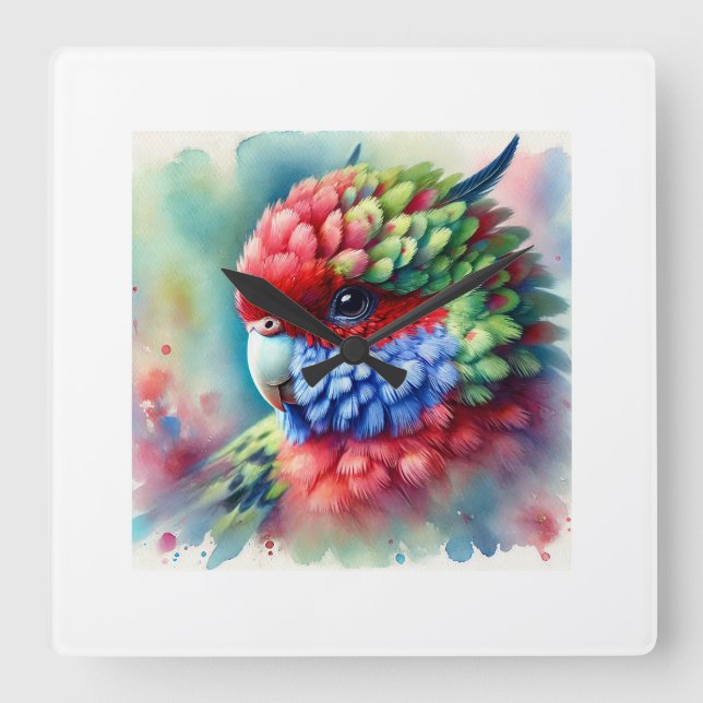 Relógio Quadrado Rosella Parrot 220824AREF151 - Watercolor (Frente)