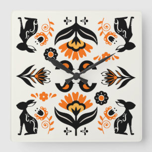 Relógio Quadrado Rosemaling Arte Folclórica Norueguesa