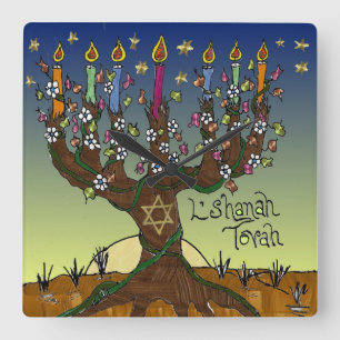 Relógio Quadrado Rosh Hashanah L'Shanah Tovah Menorá Árvore da Vida