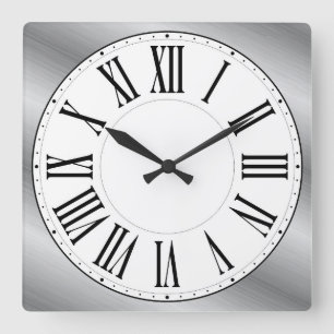 Relógio Quadrado Rosto Branco / Fundo Metálico - Numeração Roman