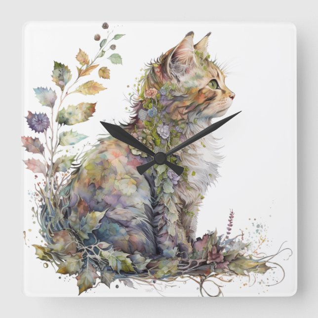 RELÓGIO QUADRADO ROSTO DE GATO DE ÁGUA E FLORES BONITO (Frente)