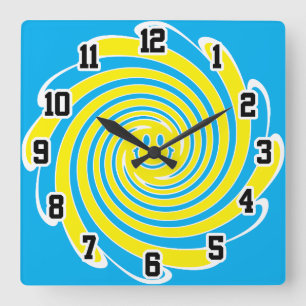 Relógio Quadrado Rosto Feliz Redemoinho Azul e Amarelo