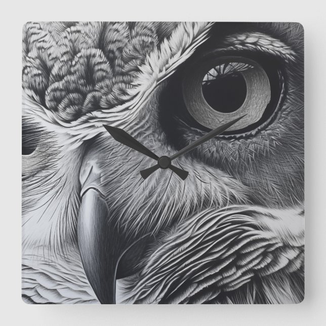 Relógio Quadrado Rosto preto e branco de coruja (Frente)