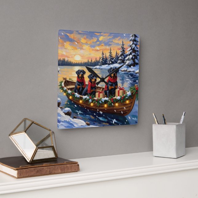 Relógio Quadrado Rottweiler Christmas Boat Holiday (Escritório)