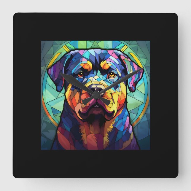 Relógio Quadrado Rottweiler de Vidro Pintado (Frente)