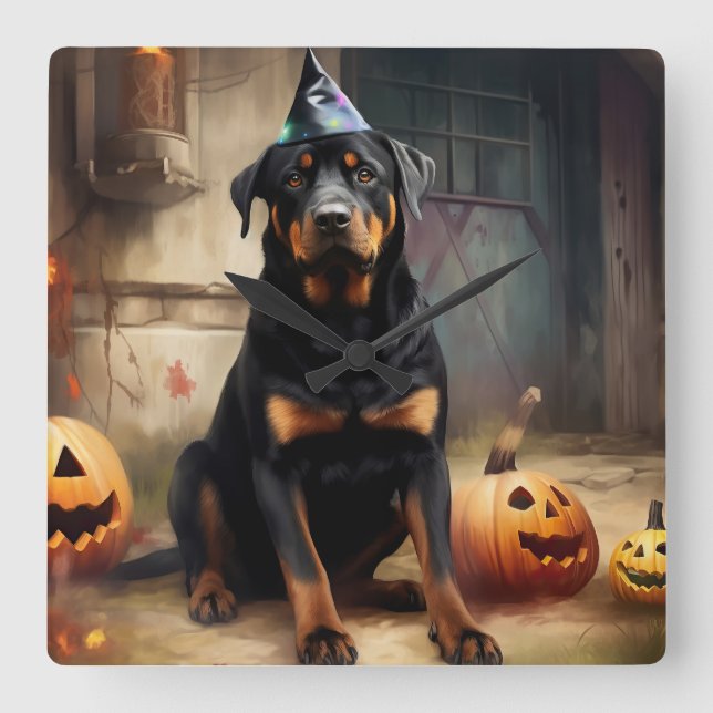 Relógio Quadrado Rottweiler Pumpkins Halloween Assustado (Frente)
