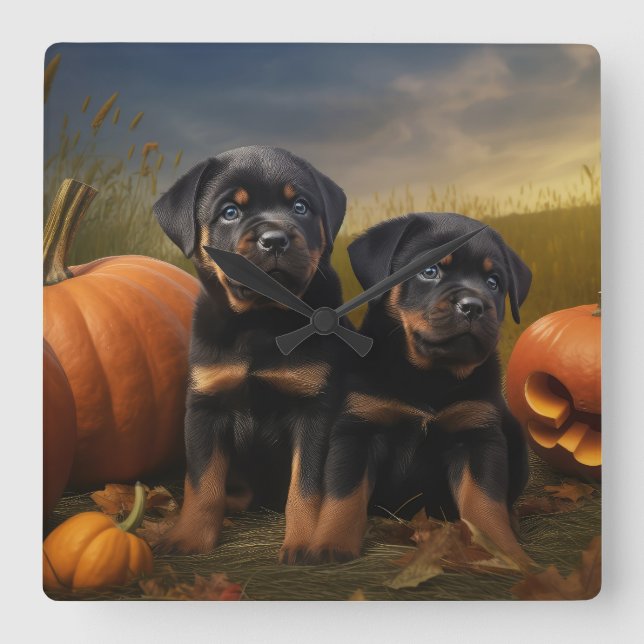 Relógio Quadrado Rottweiler Puppy Autumn - Pumpkin (Frente)