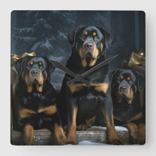 Relógio Quadrado Rottweiler Snowy Sleigh Decência de Natal