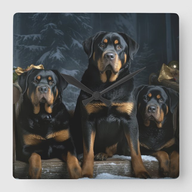 Relógio Quadrado Rottweiler Snowy Sleigh Decência de Natal (Frente)