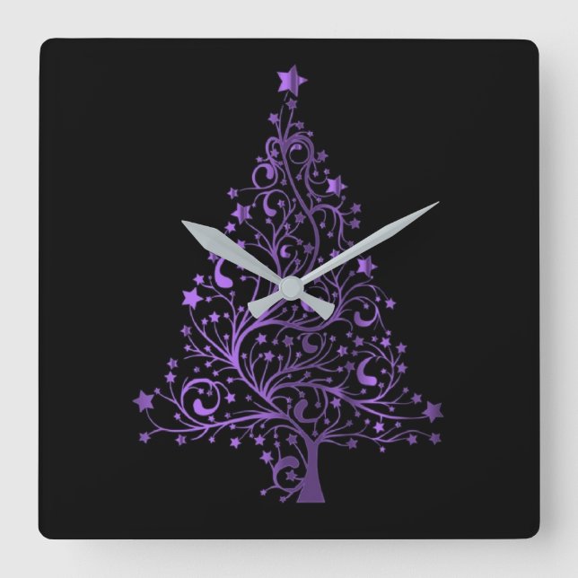 Relógio Quadrado Roxo Metálico Estrelas Árvore de Natal Preto Elega (Frente)