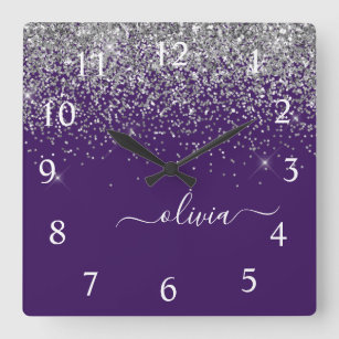 Relógio Quadrado Roxo Silver Glitter Girly Glam Monograma 
