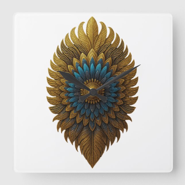 Relógio Quadrado Royal Feather | Black & Gold Egyptian Wall Clock (Frente)