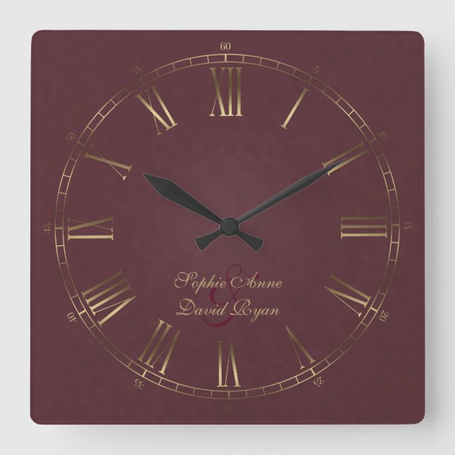 Relógio Quadrado Royal Vintage Dourado Burgundy Monograma Numérico  (Frente)